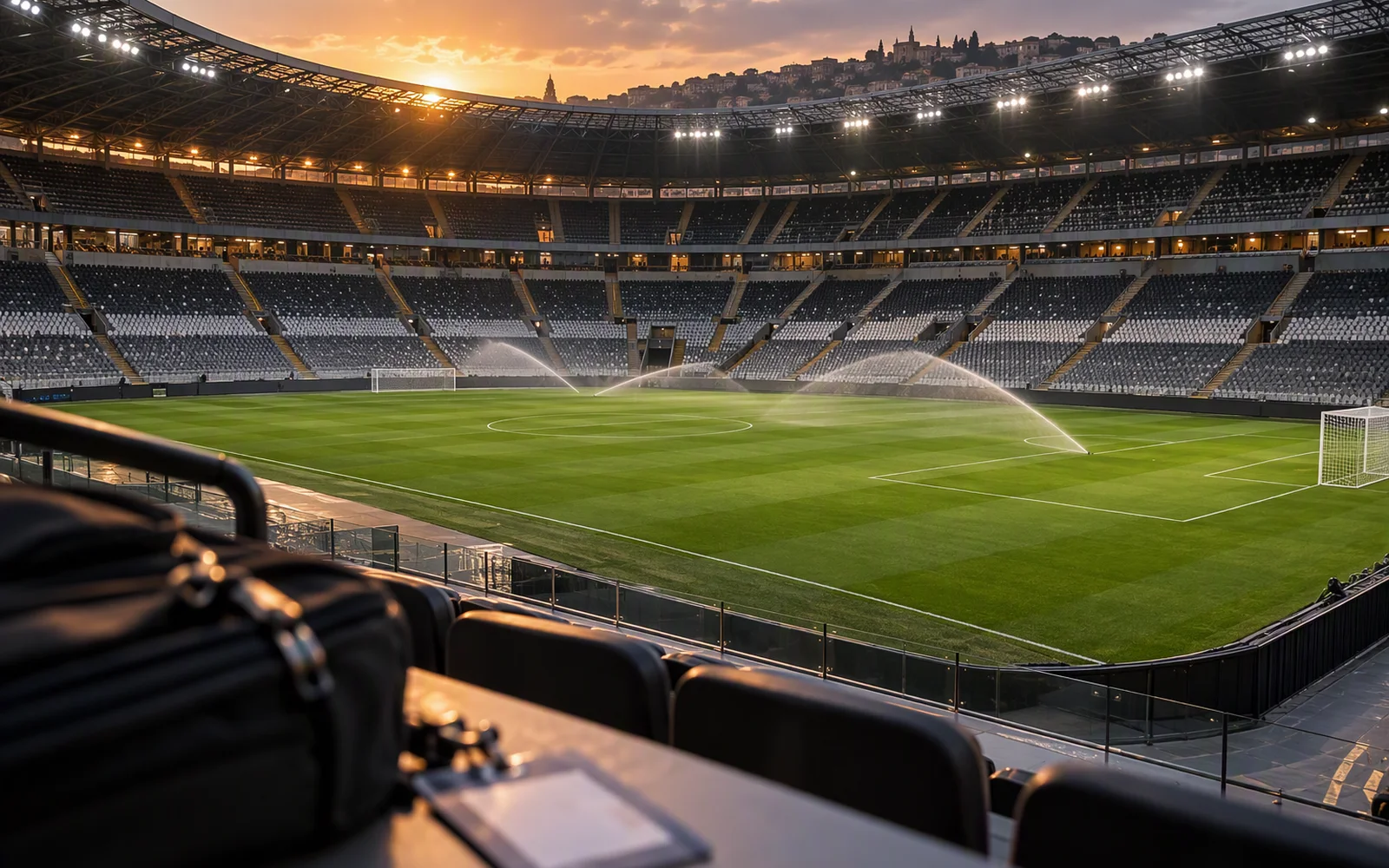 Empty stadium at sunset with sprinklers on the pitch