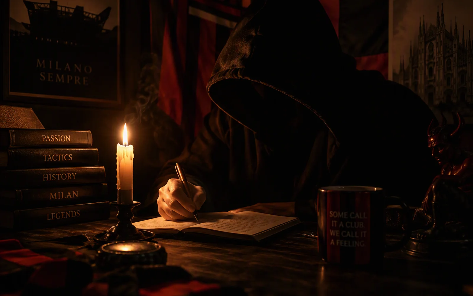 Hooded writer by candlelight with books and a red-and-black mug